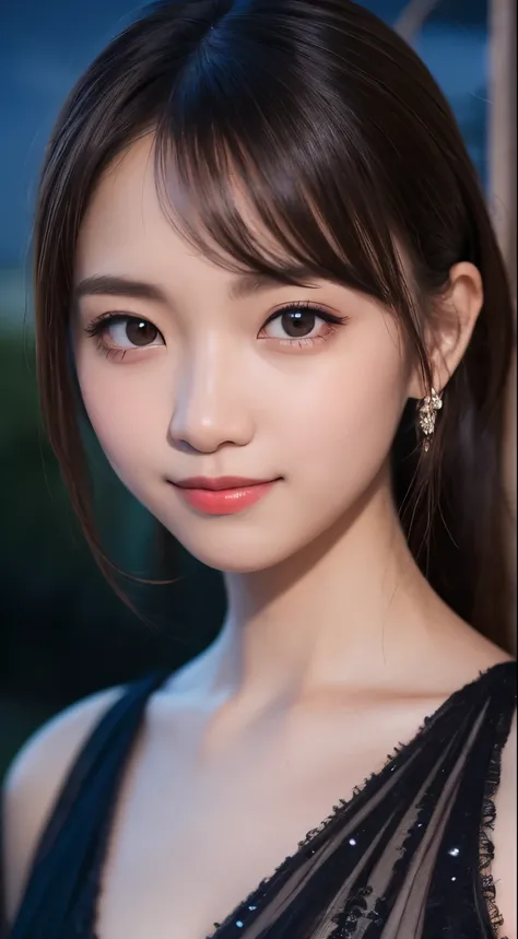 masterpiece, Best Quality, 8k, , , RAW photo,  absurd,  award winning portrait , smile, Alone, ( night :1.8),  idol face,  Delicate Girl, upper body, DSLR, viewers next to him,  ,  refined ,Thin arms, professional lighting, film grain,  Color Difference, (...