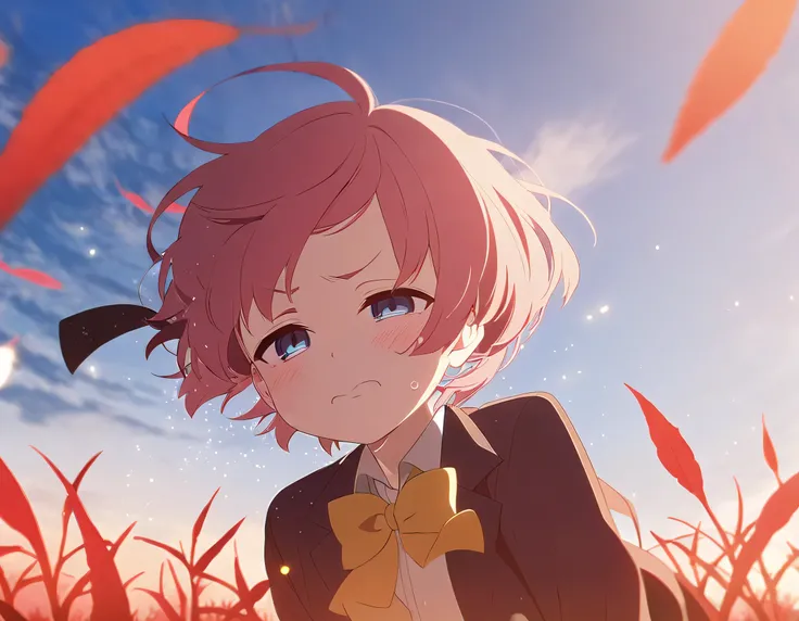  1 boy、Short Hair、Coral pink hair color、Light blue eyes、 half-open eyes、Expression with puffed cheeks 、 flushed cheeks、dark reddish brown blazer、 yellow bow on chest 、front、From the chest up、Outdoors、blue sky、Red flower field、wind、 light particles