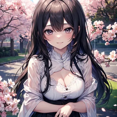 Casual Outfit,  Beautiful Cherry Blossom Trees , Wide angle view, pale blue decorative gown,  books, quietly leaning against a tree, wind, 
(solo:1.1), 
(one girl:1.2), ( detailed and perfect long black hair :1.2), ( detailed and perfect long black eyes :1...