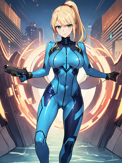 masterpiece, best quality, integrated scenery, integrated background, extremely delicate and beautiful, meticulous details, good composition, , cute face, perfect face, perfect hands,  BLAKE, 1girl, Samus Aran (\Metroid\) ,solo, ponytail, blond hair, (blue...