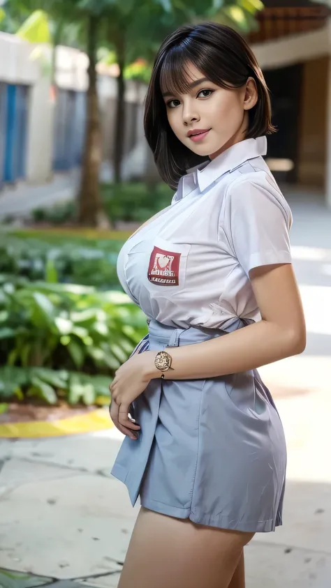 nsfw, 8K raw photo, Best quality, masterpiece, ultra high res, film grain,filmg,
1girl, looking at viewer,
natural skin texture, realistic eye and face details, full lips, lipstick, rouge \(makeup\), red eyeshadow, fluffy short hair, messy hair, smile, cl...
