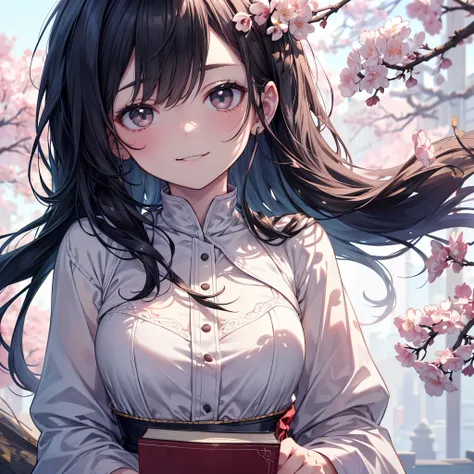 Casual Outfit,  Beautiful Cherry Blossom Trees , Wide angle view, pale blue decorative gown,  books, quietly leaning against a tree, wind, 
(solo:1.1), 
(one girl:1.2), ( detailed and perfect long black hair :1.2), ( detailed and perfect long black eyes :1...