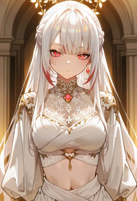 SagawaStyle, aruhshura, masterpiece, best quality, amazing quality, anime screencap, white hair with red highlights, intricate accessories, midriff-baring outfit, stylish fashion, fantasy aesthetics, detailed jewelry, glowing ornaments, unique hairstyle, e...