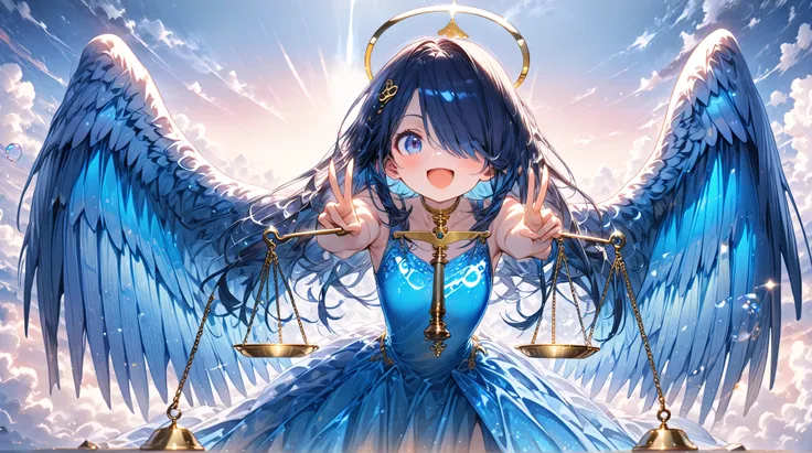 ((masterpiece, high image quality ,8k)),(( Very Detailed ,perfect picture)),(perfect anatomy),(ultra detailed),((adult woman)),((blue and evening dress)),( skinny dress ),(hair over one eye),(big smile),peace sign,(dark blue hair),((one adult woman)),((lar...
