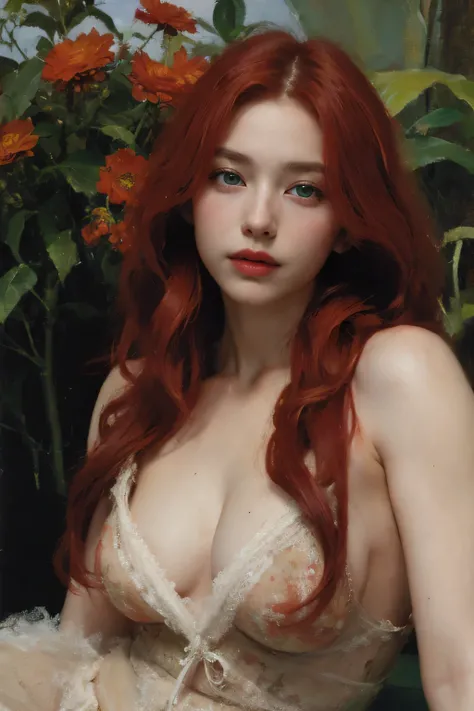 (oil painting:1.5),
\\
a woman with (red long curtly hair ), ((green eyes)) ain a field of  flowers, (amy sol:0.248), nude , with red dress,  (stanley artgerm lau:0.106), (a detailed painting:0.353), (gothic art:0.106)