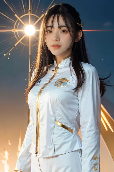 ((masterpiece, best quality, extremely detailed), volumetric lighting, ambient occlusion, colorful, glowing), 
1girl, solo, young girl, (dark hair), long hair, halo, aura, sacred, goddess, cleric suit, (white outfit with gold detailst:1.3), armor,
outdoors...