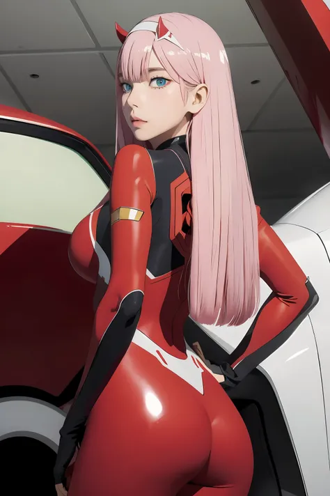 ((best quality)),((highly detailed)),masterpiece,absurdres,detailed face,beautiful face,((detailed eyes, deep eyes)),(1girl),((dynamic pose)), Zero_Two, green eyes, 1girl, solo, red bodysuit, long hair, pilot suit, pink hair, bodysuit, straight hair, hai...