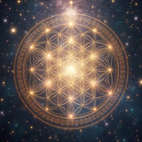 Create a breathtaking and highly detailed digital artwork featuring the sacred geometry of the Flower of Life. The scene should be a mesmerizing cosmic composition, with the Flower of Life as the central focus—a radiant, intricate pattern of interlocking c...