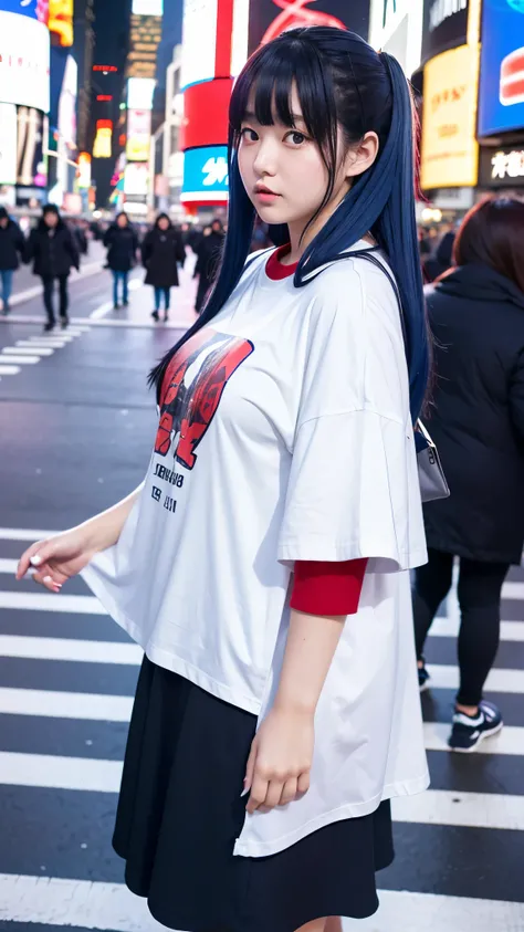 woman１people、plus-size fat、very very so pretty japanese girl 、25 years old  、wearing white so big silhouette T-shirt not exactly spiffy 、wearing dark navy med-long skirts、wearing gray trench coat、 Attractive red eyes、AYANAMI BLUE HAIR,  facing directly 、at...