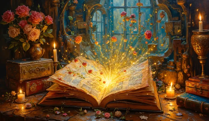 An oil painting inspired by John William Waterhouse, depicting an ancient book on an antique desk, its pages releasing luminous letters and vines of roses, creating a dreamlike portal, warm candlelit glow, deep rich colors, soft shadows adding a sense of ...