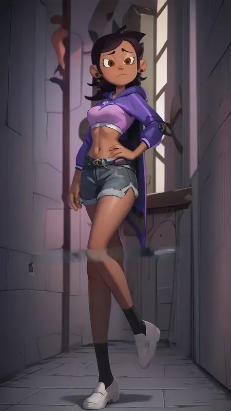 1girl, masterpiece, (detailed background), best quality, absurdres, looking at viewer, menacing but sexy pose, purple hoody, midriff, white background, white loafers, thighs, adult luz noceda, micro skirt, full body, dark alleyway, Midnight, vibrant colors...