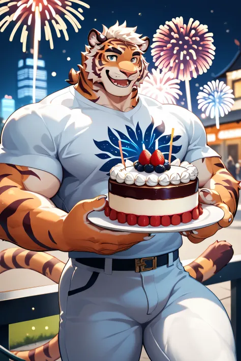 Tiger figure, male with a strong physique, fat, and wearing a shirt and white pants, holding a cake in his hand, smiling in the background, fireworks, foot claws, depth of field, perfect lighting, (light particles),(is of the best quality),( masterpiece),(...