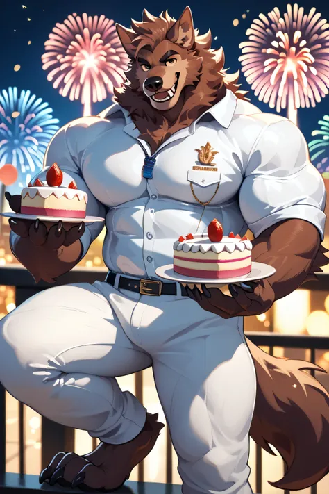 Werewolf figure male with strong physique, fat, wearing a shirt and white pants, holding a cake in his hand, smiling in the background, fireworks, foot claws, depth of field, perfect lighting, (light particles),(is of the best quality),( masterpiece),(ultr...