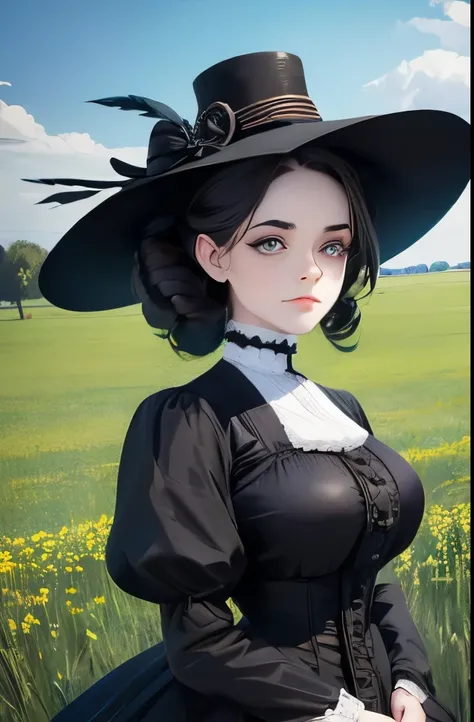 arafed woman in a black dress and hat standing in a field, wearing black old dress and hat, victorian style costume, wearing 1890s era clothes, victorian inspired clothing, young victorian sad fancy lady, a beautiful victorian woman, victorian lady, black ...