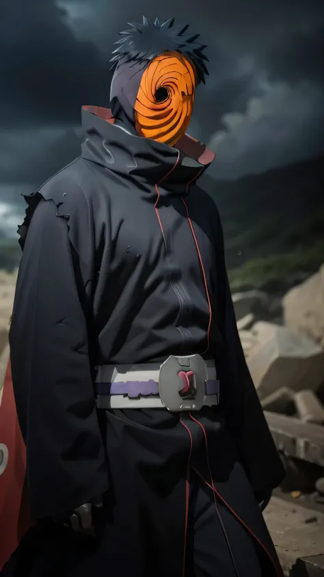 score_9,score_8_up,score_7_up,source_anime,rating_safe BREAK masterpiece,highres,best quality,high quality,dramatic angle,cinematic lighting,1boy,Tobi,orange mask,black hair,black robe,akatsuki robe,black robe with red cloud pattern on it,patterned,black g...
