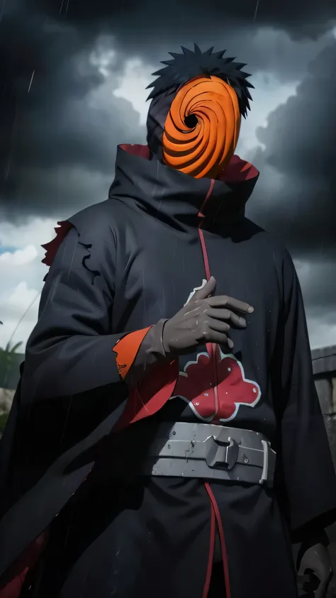 score_9,score_8_up,score_7_up,source_anime,rating_safe BREAK masterpiece,highres,best quality,high quality,dramatic angle,cinematic lighting,1boy,Tobi,orange mask,black hair,black robe,akatsuki robe,black robe with red cloud pattern on it,patterned,black g...