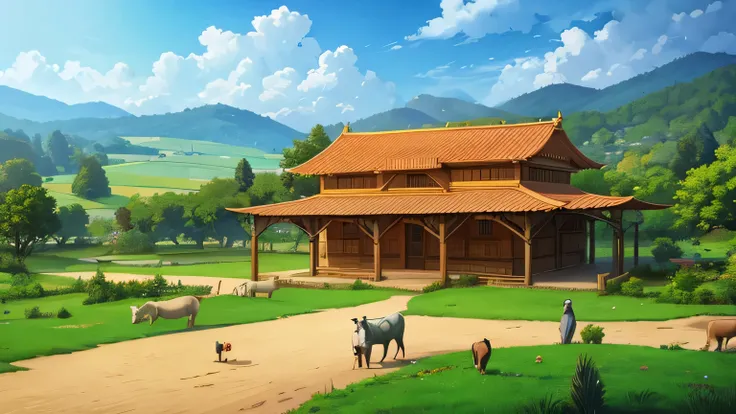 anime style : create a beautifull village Indian style home made of mudd beautifull scene has some cows and peacocks landscape view use golden ratio