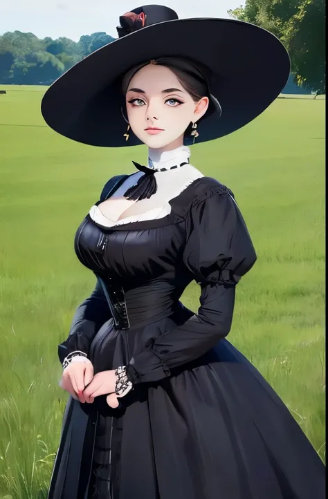 arafed woman in a black dress and hat standing in a field, a picture inspired by Thomas Millie Dow, pexels, renaissance, wearing black old dress and hat, victorian style costume, wearing 1890s era clothes, victorian inspired clothing, young victorian sad f...