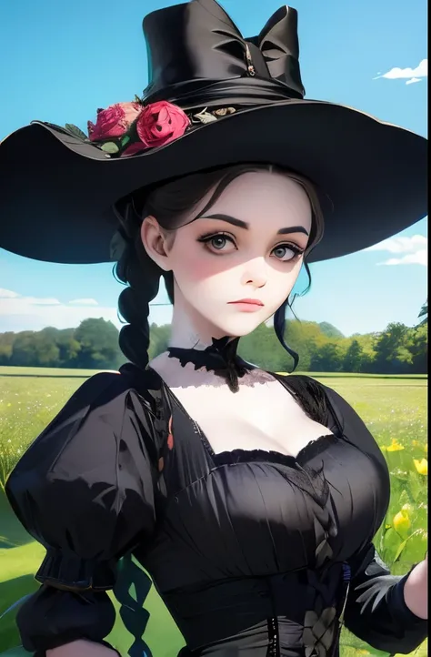 arafed woman in a black dress and hat standing in a field, a picture inspired by Thomas Millie Dow, pexels, renaissance, wearing black old dress and hat, victorian style costume, wearing 1890s era clothes, victorian inspired clothing, young victorian sad f...