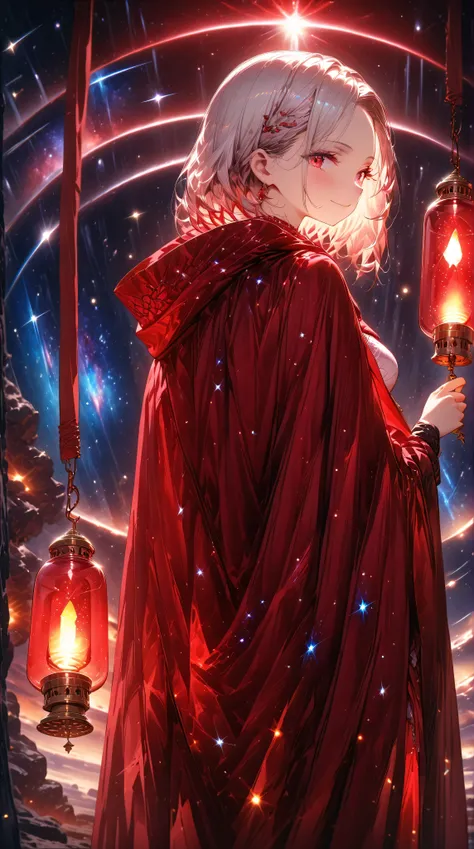 ((masterpiece, high image quality ,8k)),(( Very Detailed ,perfect picture)),(perfect anatomy),(ultra detailed),((adult woman)),((dark red  cloak)),((from behind)), Cosmic Space,Milky Way,Many shooting stars,( turn around),(only the light of a lantern held ...