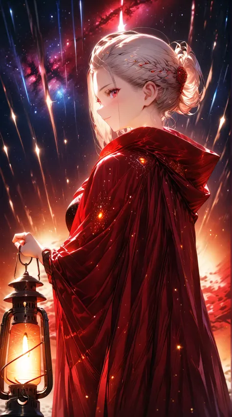 ((masterpiece, high image quality ,8k)),(( Very Detailed ,perfect picture)),(perfect anatomy),(ultra detailed),((adult woman)),((dark red  cloak)),((from behind)), Cosmic Space,Milky Way,Many shooting stars,( turn around),(only the light of the lantern hel...