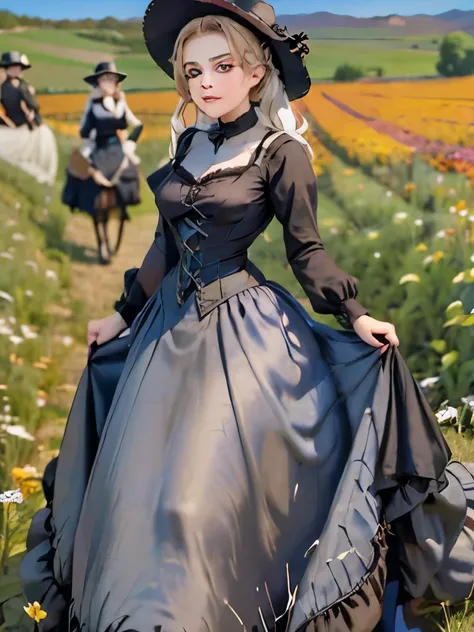 arafed woman in a black dress and hat standing in a field, a picture inspired by Thomas Millie Dow, pexels, renaissance, wearing black old dress and hat, victorian style costume, wearing 1890s era clothes, victorian inspired clothing, young victorian sad f...