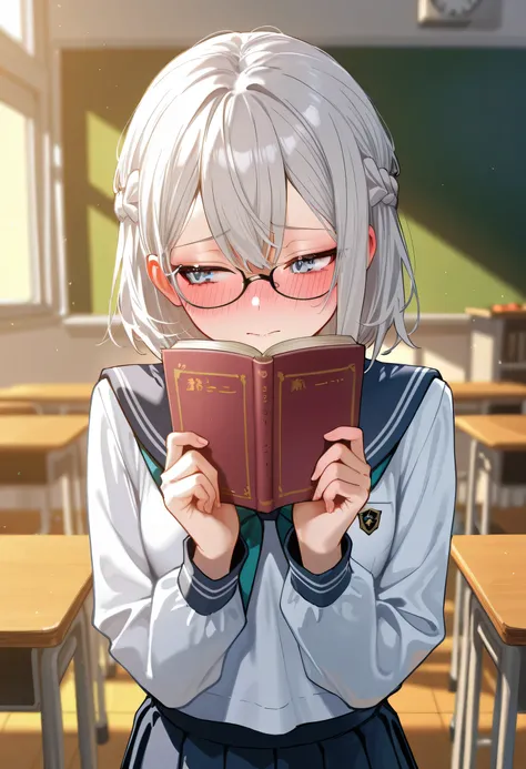 aruhshura, braid, glasses, school uniform, holding book, embarrassed, looking away, blushing, shy expression, soft lighting, classroom background, detailed eyes, delicate features