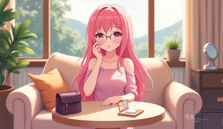 anime girl with pink hair in a pink dress wearing stylish glasses with glass lenses cozy home decor in her hand is a cosmetic bag and there is a small mirror on the table