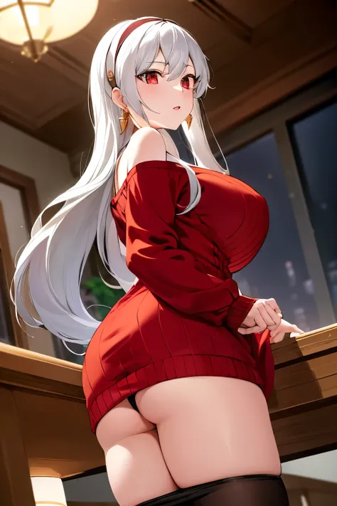 masterpiece, best quality, Hi-Res, Bjolf, long hair, white hair band, red eyes,  gold earrings, big breasts,  jewelry, off the shoulder, red sweater,  sweater dress,  Long Sleeve, my black panty hose, cowboy shooting, standing, from below、panties