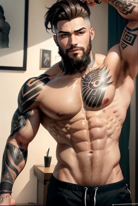 
           IA design High quality imvu drawing of a young muscular man with fair skin with a beard for doing thin with tattoo "Ruy " and other tattoos bedroom background