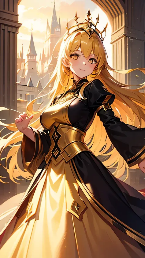 ((best quality)), ((masterpiece)), (detailed face), 1girl, golden knight clothes, leggings, shoes, long skirt, crown, yellow hair, golden eyes, castle, background, happy face