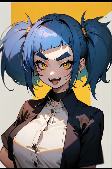 upper body, cowboy shot, (masterpiece:1.2), best quality, PIXIV, Rebellious girl, portrait, 1girl, solo, tongue, ((blue hair)), ((Medium short hair)), ((messy Hair)), (Short hair), (((Unkempt hair))), ((big sized short twin tails)), ((diagonal bangs, blunt...