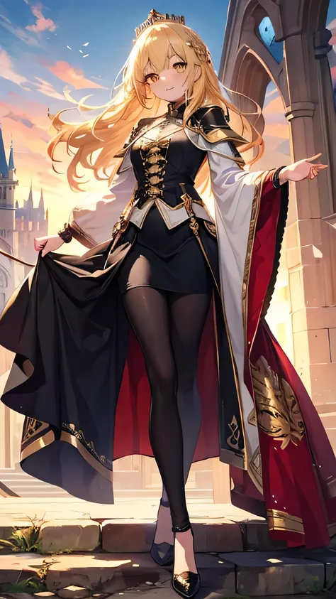 ((best quality)), ((masterpiece)), (detailed face), 1girl, golden  knight clothes, leggings, shoes, long skirt, crown, yellow hair, golden eyes, castle, background, happy face