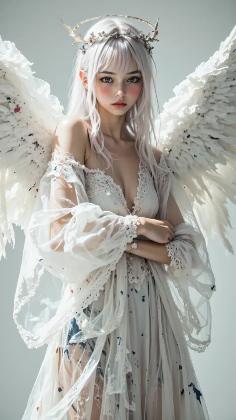 8k, Masterpiece, Top Quality, pale blonde, delicate features, translucent gown, paint-splatter effect, flowing, wings, halo, graceful pose, slightly angled, downward gaze, melancholic expression, delicate makeup, soft grey background, ethereal, dreamy, sur...