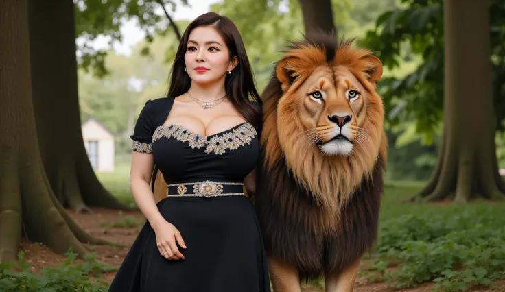 Chubby busty woman standing next to a big lion
