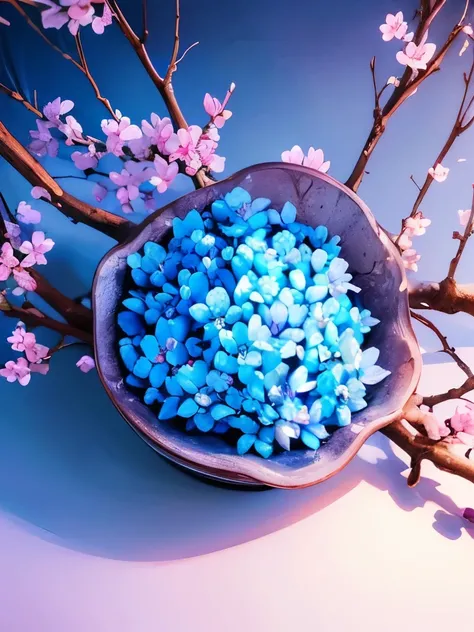 a close up of a branch with blue flowers on it, beautiful nature, blue and pink colors, really beautiful nature, beautiful flowers, incredibly beautiful, blue flowers, beautiful image, flower blossoms, blue and pink bonsai tree, with beautiful colors, blue...