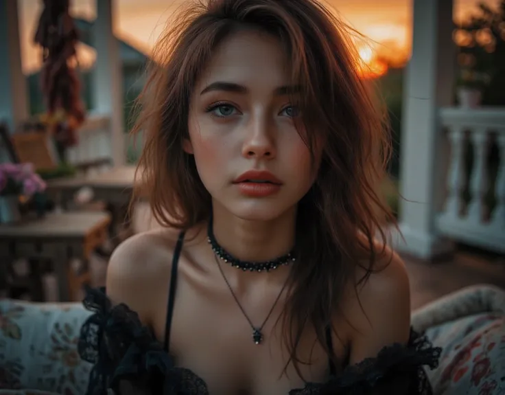 cute goth south korean girl, fair complexion face, slim figure, revealing clothes, cute clothes, skimpy clothes, photo taken from above, detailed face, beautiful eyes, long eyelashes, cute expression (aesthetically pleasing cinematic composition and dramat...