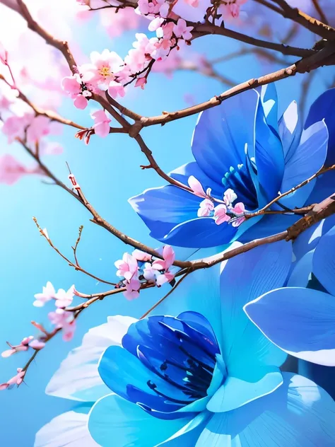 a close up of a branch with blue flowers on it, beautiful nature, blue and pink colors, really beautiful nature, beautiful flowers, incredibly beautiful, blue flowers, beautiful image, flower blossoms, blue and pink bonsai tree, with beautiful colors, blue...