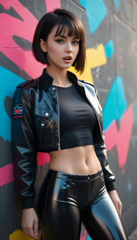 ultra HD, 16K, score_9_ up , score_8_ up , score_7_ up , Abstract, girl, , Age 25, PERFECT FACE IN DETAILS, Close view ,(adult), sexy, short bob Hair, stares at viewers, shiny leather jacket, black crop top, shiny tight trousers, cyberpunk, portrait ph...