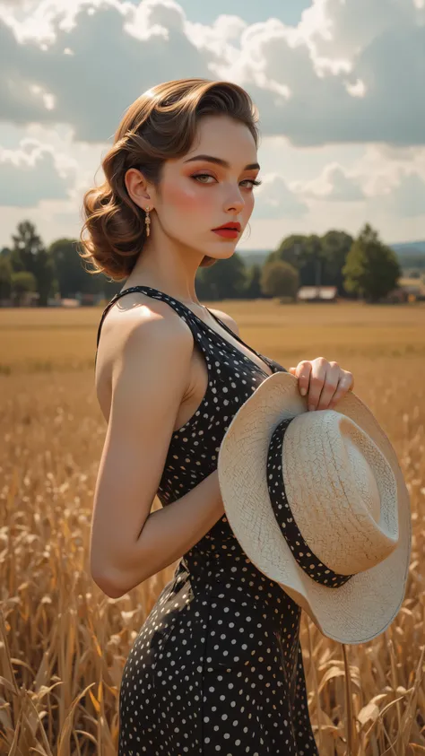 8k, Masterpiece, Top Quality, Close-up, woman,  fair skin,  red lipstick,  rosy cheeks,  1940s hairstyle,  polka dot dress,  black and white,  v-neck,  sleeveless,  holding hat,  large straw hat,  light colored,  calm expression,  outdoor setting,  field, ...