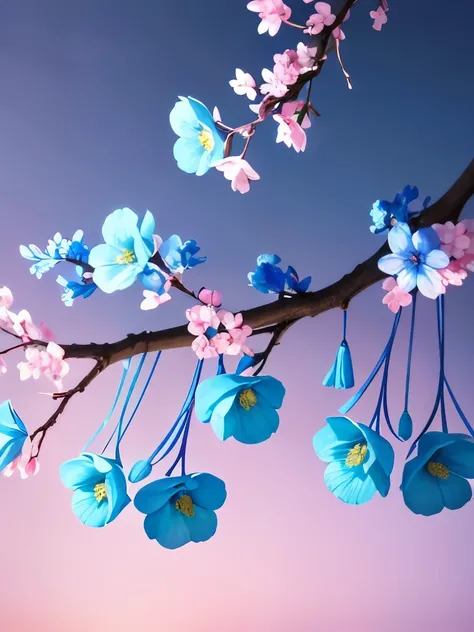 a close up of a branch with blue flowers on it, a digital rendering by Chen Chun, flickr, digital art, beautiful nature, blue and pink colors, really beautiful nature, beautiful flowers, incredibly beautiful, blue flowers, beautiful image, flower blossoms,...