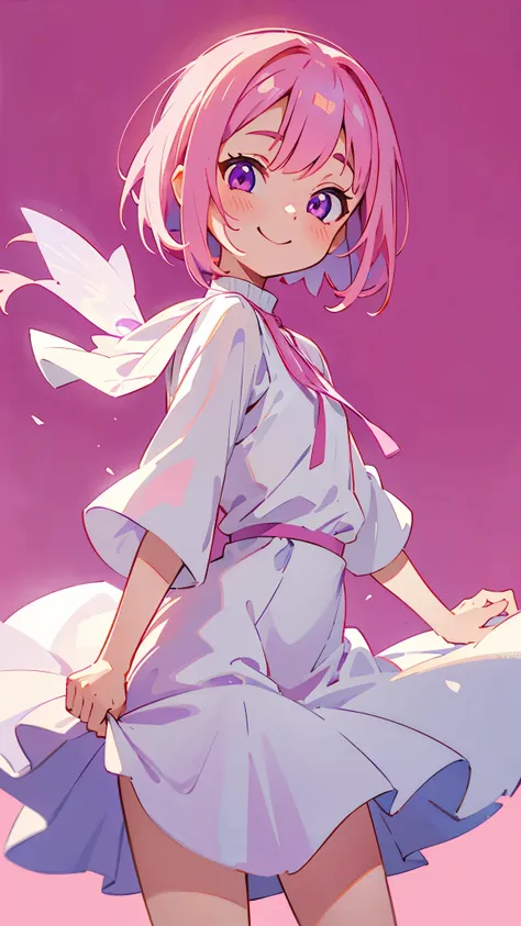 one girl、pink hair、bob hair、Glowing purple eyes、smile、cowboy shot、white dress、 pink simple background