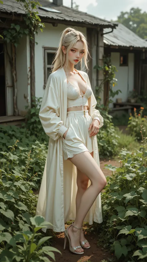 8k, Masterpiece, Top Quality, High-angle, woman, blonde hair, ponytail, pale skin, delicate features,  long off-white cardigan, white camisole, white skirt/shorts, relaxed elegant pose, legs crossed, high heels,  rural setting, soft lighting, greenery, sma...