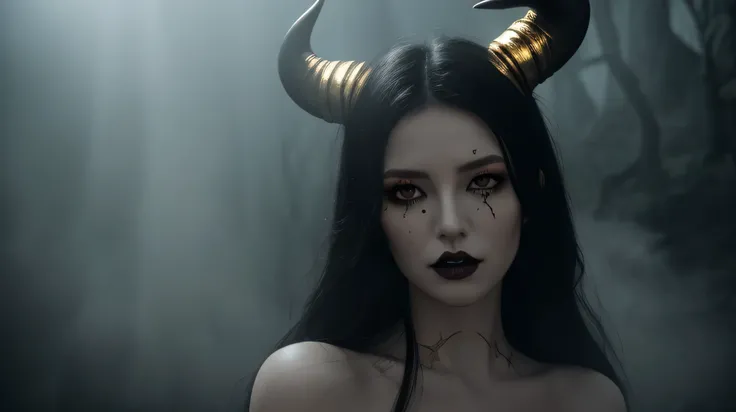 Exaggerated fantasy succubus, pale white skin, golden glowing eyes, long flowing black hair, golden curved horns, radiant golden wings, dark gothic aesthetic, seductive pose, detailed no wearing nothing, intricate gothic metal engravings, soft atmospheric ...