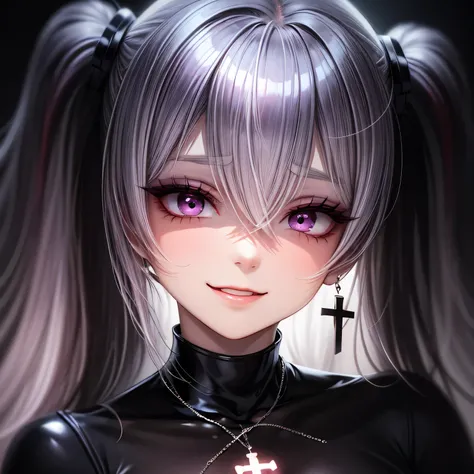 evil smile, under , bratty girl, shiny latex, satanic, looking at viewer, blonde hair, inverted cross necklace, highlighted eyes with eyeliner, false eyelashes, soft shadows, light makeup, blushed