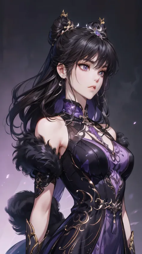 Masterpiece , best quality, 1 Xiao Wu , Face Color Looks Cool , Strong, Golden Left Eye , Red Right Eye , Long hair, Black hair, Firm Eyes , Simple Uniform , Black Long Earrings , Chinese , Front, back, left, right Photo , simple background, purple Backgro...