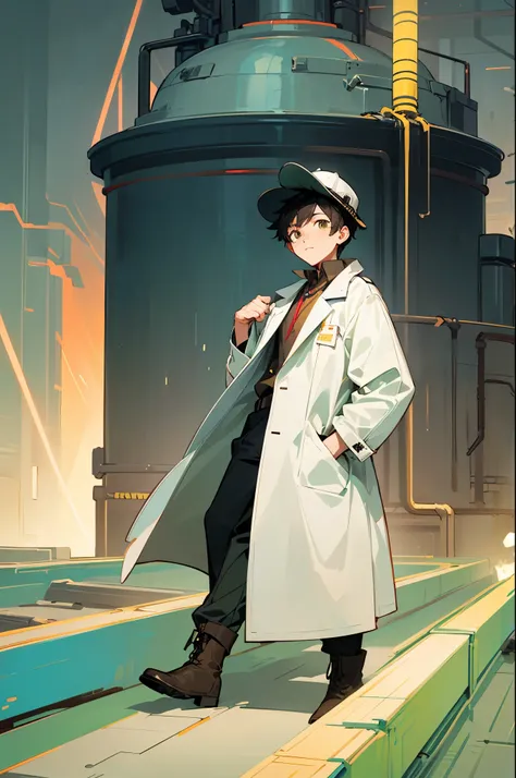 a boy of twenty，He is an energy scientist，whole body（Highest quality）Firm brown eyes、Wearing a white coat，Green top inside，He is carrying a brown travel bag，hair black，Wearing an inspection hat、wearing boots，Not very eye-catching and a bit socially intimid...