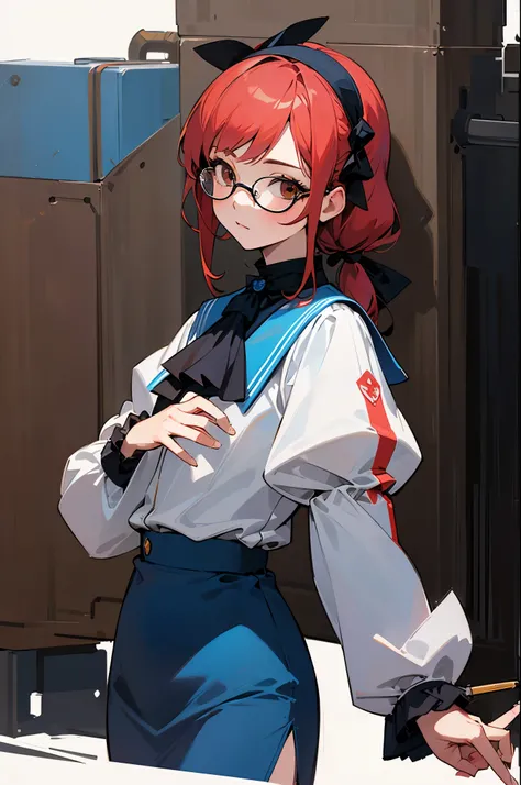 masterpiece, best quality, 1girl, looking at viewer, ultra detailed, glasses, red hairband, brown eyes, long sleeves, puffy sleeves, uniform, (blue skirt:1.1), juliet sleeves, blue jacket, pencil skirt, (black ascot:1.1), ai artistic colony, creative machi...