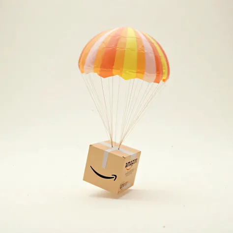 Amazon box falling with 3D parachute in pixar style. Front side full body for horizontal view. simple white gradient background."
