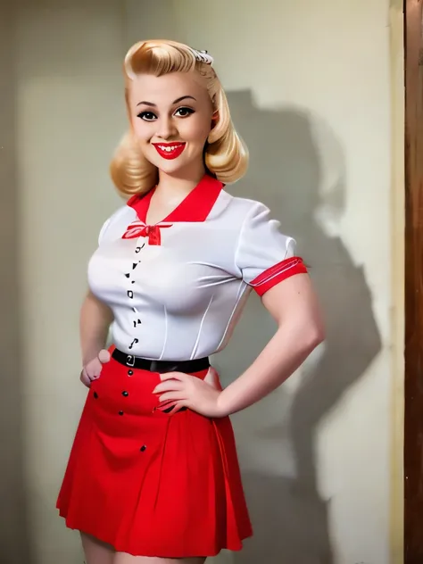 a woman in a red skirt and white shirt posing for a picture, dressed like in the 1940s, 5 0 s style, 50s style, 1950s vibes, 1 9 5 0 s style, retro 5 0 s style, pinup style, retro pinup model, wearing a blouse, gil elvgren style, pinup